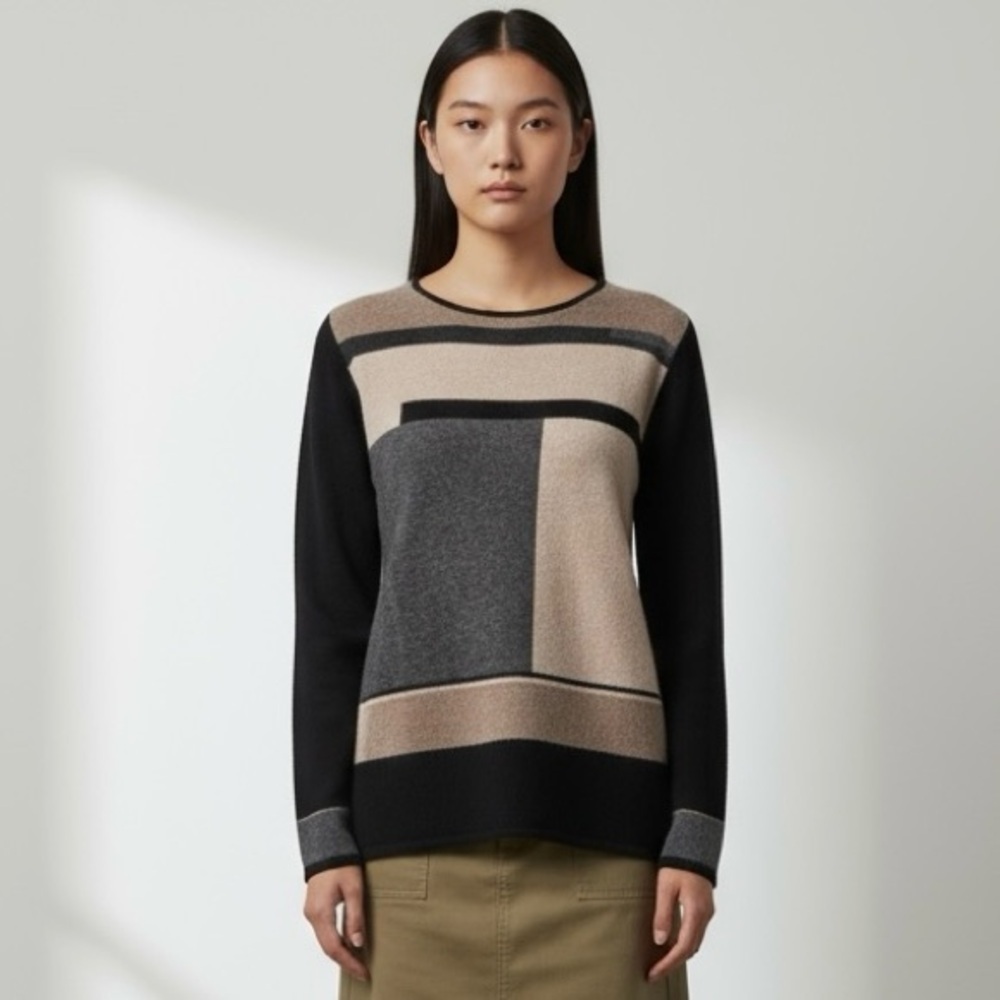 🌻Lauren Hansen Cashmere Long Sleeve Round Neck Color block Sweater Size Small